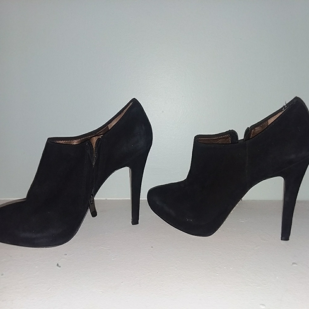 Black faux suede ankle bootie heels